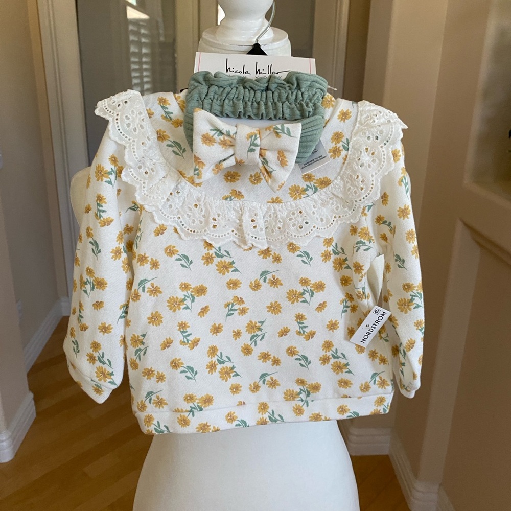 NWT Nicole Miller Baby Cream/Yellow Long Sleeve Tee With Headband Lace Collar